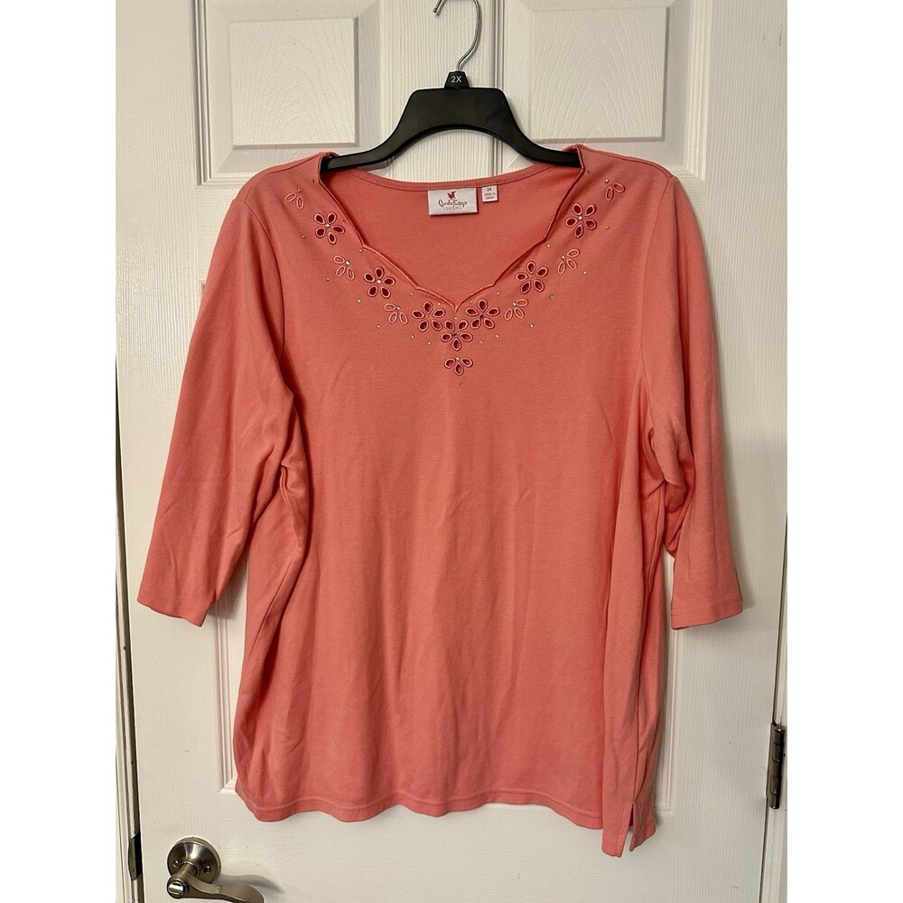 NWOT Quacker Factory peach rhinestone eyelet womens top shirt size 2X 2XL XXL